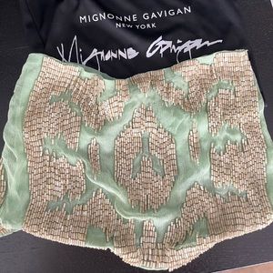 Mignonne Gavigan Le Charlot Ikat Silk Chiffon Scarf Necklace Green w/ Khaki bead